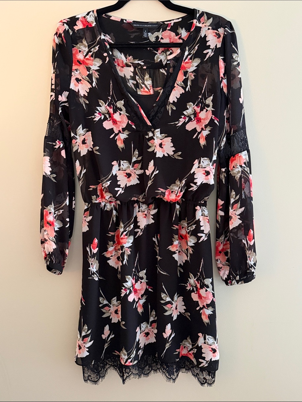 White House Black Market Floral Lace-Hem Black Dress  Size 8
